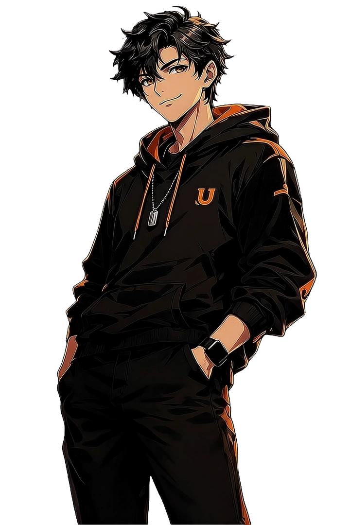 Personagem de cabelo preto usando moletom preto e laranja com a letra U